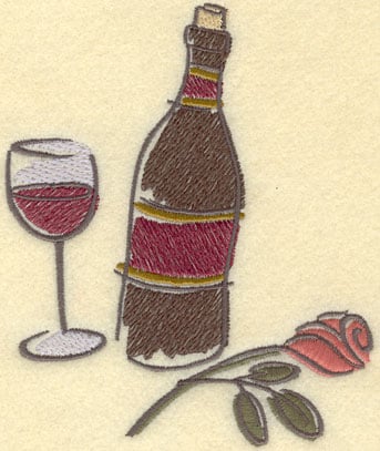 Embroidery Design: Wine Bottle Wine Glass Rose Large<br>4.63w X 5.59h