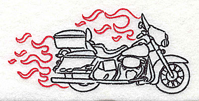 Embroidery Design: Motorcycle E with flames large<br> 4.96w X 2.34h