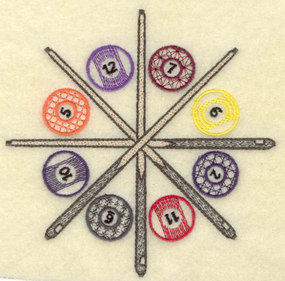 Embroidery Design: Cue sticks and cirle of balls<br>4.95w X 4.95h