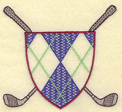 Embroidery Design: Crossed golf clubs with plaid shield<br> 4.96w X 4.47h
