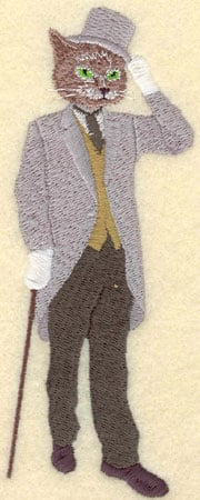 Embroidery Design: Male Cat in Top Hat with Walking Stick<br>2.02w X 5.46h