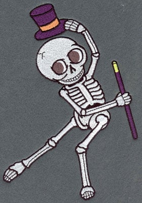 Embroidery Design: Skeleton Large Dancing Top Hat & Cane<br>5.87w X 7.76h