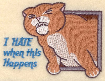 Embroidery Design: Cat stuck in pet door<br>3.90w X 2.98h