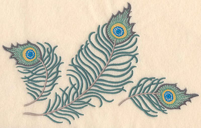 Embroidery Design: Peacock feather trio large <br> 6.55"h x 10.36"w