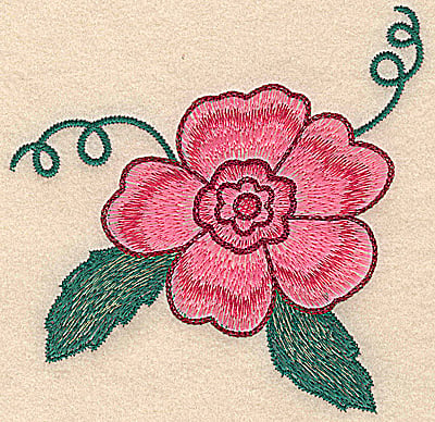 Embroidery Design: Flower with leaves and swirls large <br> 5.18w X 5.14h