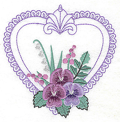Embroidery Design: Pansies in Heart A large<br> 4.96w X 4.98h