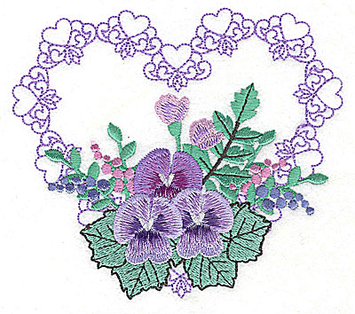 Embroidery Design: Pansies in Heart J large<br> 4.97w X 4.36h