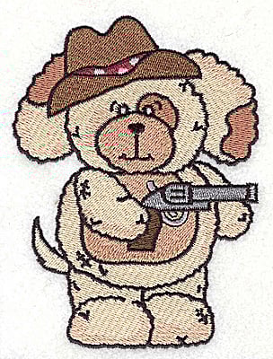 Embroidery Design: Pudgy Puppy with pistol large<br> 3.64w X 4.94h