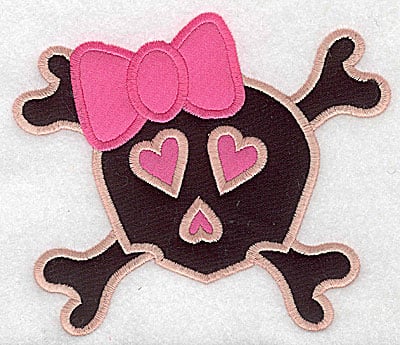 Embroidery Design: Pink skull with bow large double appliques<br> 5.80w X 4.99h