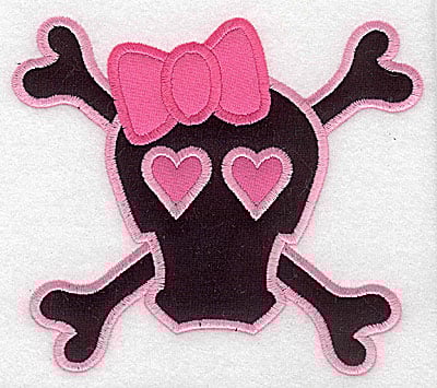 Embroidery Design: Pink Skull bow and hearts large appliques<br> 5.73w X 4.99h