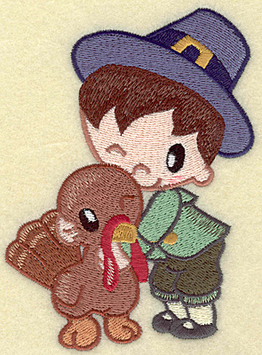 Embroidery Design: Pilgrim boy with turkey large<br> 3.69w X 4.95h