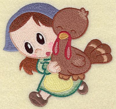Embroidery Design: Pilgrim girl running with turkey large<br> 4.88w X 4.67h