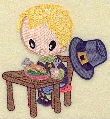 Embroidery Design: Pilgrim boy with drumstick large<br> 4.56w X 4.93h