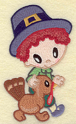 Embroidery Design: Pilgrim boy walking with turkey large<br> 2.88w X 4.93h