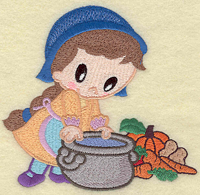 Embroidery Design: Pilgrim girl cooking large<br> 4.89w X 4.59h