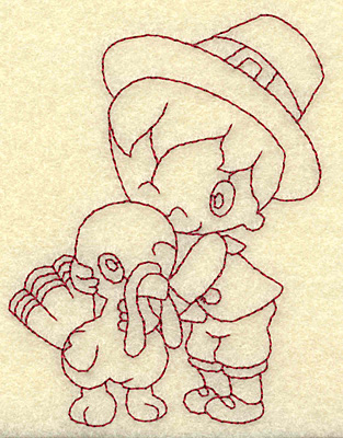 Embroidery Design: Pilgrim boy with turkey redwork<br> 2.85w X 3.85h