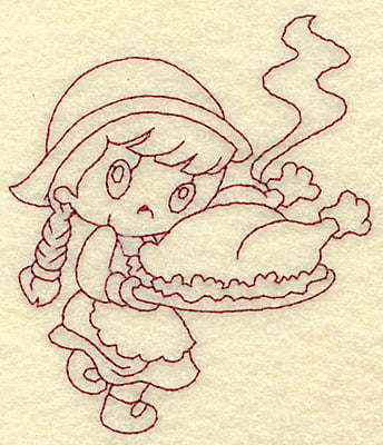 Embroidery Design: Pilgrim girl with cooked turkey redwork<br> 3.35w X 3.88h