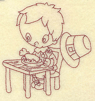Embroidery Design: Pilgrim boy with drumstick redwork<br> 3.55w X 3.88h