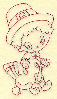 Embroidery Design: Pilgrim boy walking with turkey redwork<br> 2.21w X 3.84h