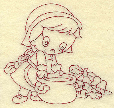 Embroidery Design: Pilgrim girl cooking redwork<br> 3.80w X 3.55h
