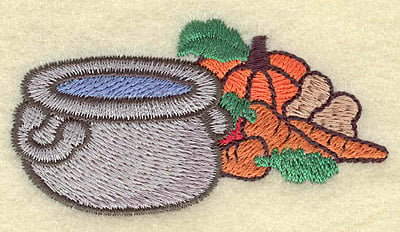 Embroidery Design: Cooking pot with vegetables<br> 3.01w X 1.57h