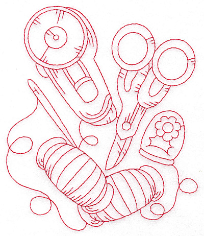 Embroidery Design: Rotary cutter and scissors redwork large<br> 4.84w X 5.69h