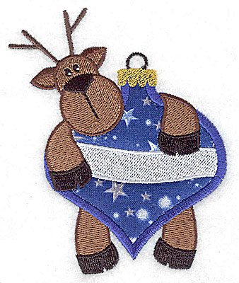 Embroidery Design: Reindeer hanging off ornament applique<br> 3.34w X 4.12h