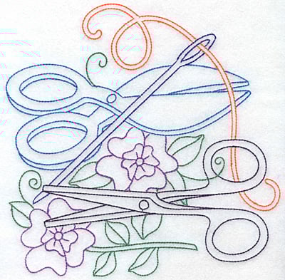 Embroidery Design: Shears scissors and flowers large<br> 7.58w X 7.60h