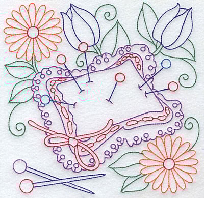 Embroidery Design: Pin cushion and flowers large<br> 7.58w X 7.59h