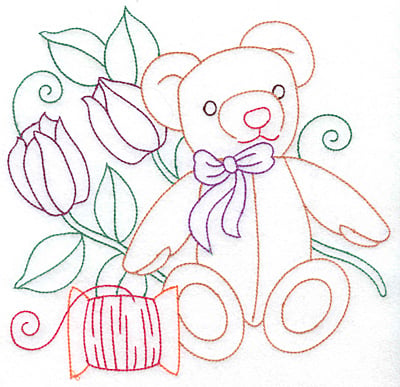 Embroidery Design: Teddy bear spool and flowers large<br> 7.60w X 7.40h