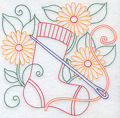 Embroidery Design: Sock needle thread and flowers large <br> 7.62w X 7.55h