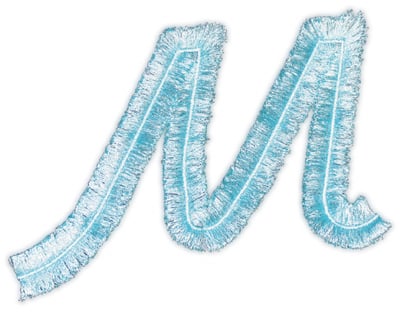 Embroidery Design: Script Fringe Letter M<br>7.19" x 4.92"