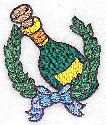 Embroidery Design: Champagne bottle in wreath large<br> 3.51w X 4.29h