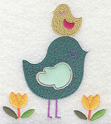 Embroidery Design: Bird with applique with smaller bird on head large<br> 3.49w X 3.89h