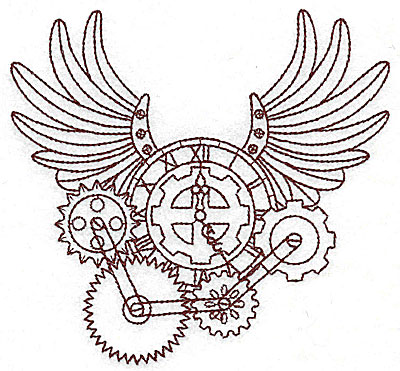Embroidery Design: Steampunk clock with wings single colour<br> 5.27w X 4.95h