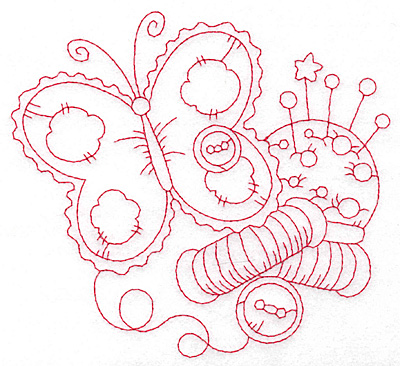 Embroidery Design: Butterfly and pin cushion redwork large<br> 5.65w X 5.20h