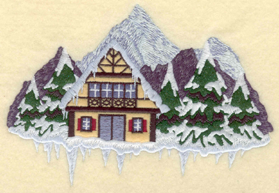 Embroidery Design: Chalet mountains evergreens applique<br>6.97w X 4.89h