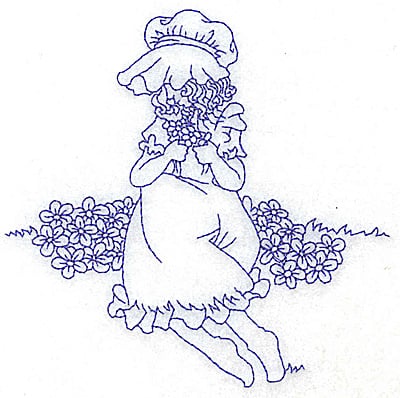 Embroidery Design: Girl in Sunbonnet sitting among flowers medium<br> 4.78w X 4.70h