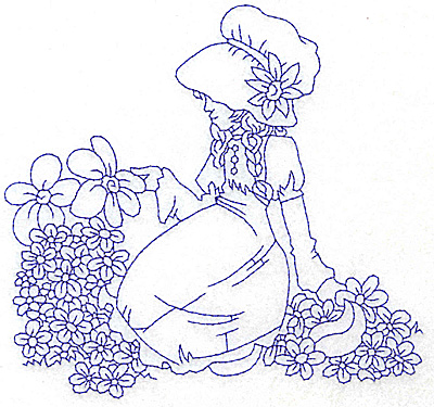 Embroidery Design: Girl in Sunbonnet sitting amid flowers large<br> 5.92w X 5.60h