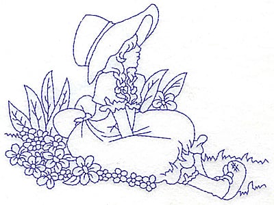 Embroidery Design: Girl sitting on ground amid flowers large<br> 5.96w X 4.44h