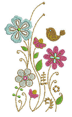 Embroidery Design: Floral with bird<br> 3.65w X 6.50h