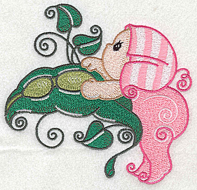 Embroidery Design: Baby hanging off pea pod large<br> 4.94w X 4.74h