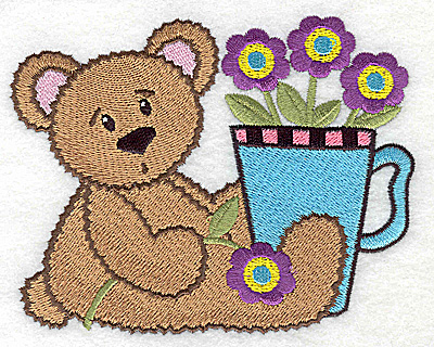 Embroidery Design: Teddy bear with flowers in cup large<br> 4.97w X 3.97h