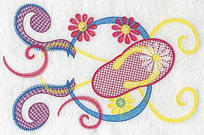 Embroidery Design: Daisy flip-flop flowers and swirls large<br> 9.18w X 6.02h