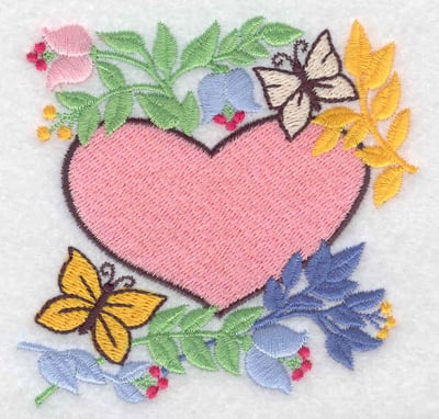 Embroidery Design: Heart flowers and butterflies<br> 3.63w X 3.51h