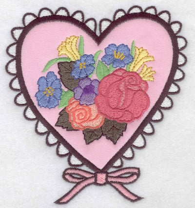 Embroidery Design: Doiley heart applique with flowers<br> 4.63w X 4.99h