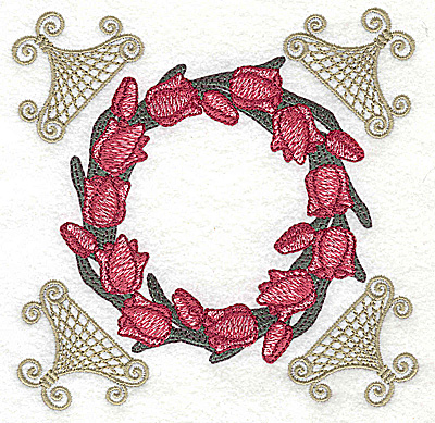 Embroidery Design: Tulip circle with corner lace<br> 4.97w X 4.97h