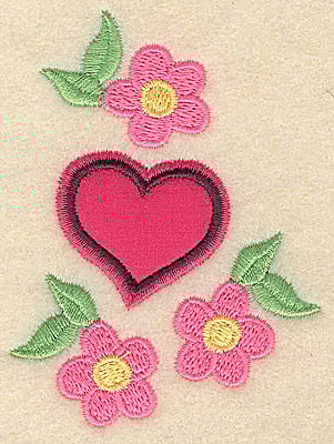 Embroidery Design: Applique heart and flowers<br> 2.70w X 3.61h