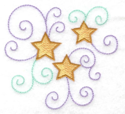 Embroidery Design: Trio of stars and swirls<br> 3.25w X 3.31h