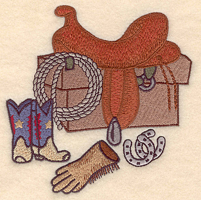 Embroidery Design: Western scene with saddle <br> 4.86w X 4.95h